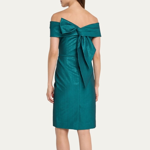 Rickie Freeman Teri Jon Emerald Off Shoulder Metallic Jacquard Bow Mini Dress - Picture 2 of 4